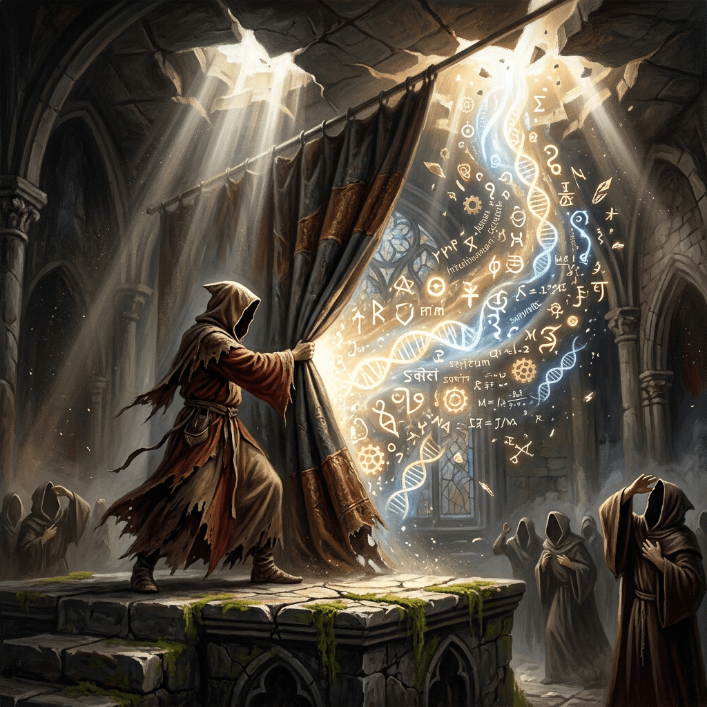 Hooded figure pulling a curtain to reveal glowing symbols, DNA strands, and arcane writings inside an ancient hall with stone pillars and stained glass windows